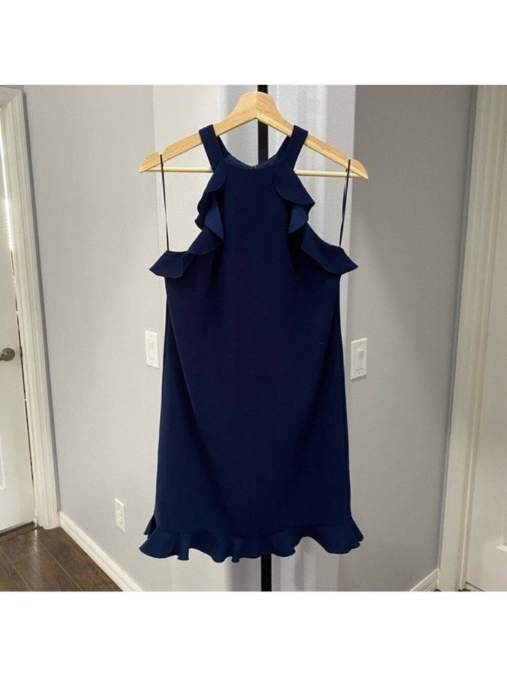 Trina Turk Womens Size 0 Ruffle Myers Ruffled Trim Dress Mini Navy Blue - Picture 2 of 7